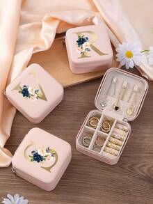 1pc Floral Rose Initial Jewelry Box, A-Z PU Leather White Portable Travel Jewelry Box, Black Jewelry Storage Box, Pink Mini Portable Zipper Jewelry Box, Necklace, Ring Pendant, Bracelet, Earring Storage Box, Jewelry Packaging Box, Suitable For Mother's Gift, Wedding Gift, Bridesmaid Gift, Anniversary Gift, Christmas Gift And Girlfriend's Boutique Gift. - Multicolor - View 2