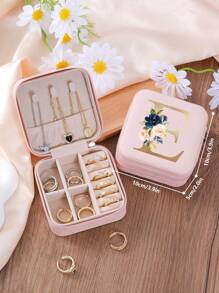 1pc Floral Rose Initial Jewelry Box, A-Z PU Leather White Portable Travel Jewelry Box, Black Jewelry Storage Box, Pink Mini Portable Zipper Jewelry Box, Necklace, Ring Pendant, Bracelet, Earring Storage Box, Jewelry Packaging Box, Suitable For Mother's Gift, Wedding Gift, Bridesmaid Gift, Anniversary Gift, Christmas Gift And Girlfriend's Boutique Gift. - Multicolor - View 27