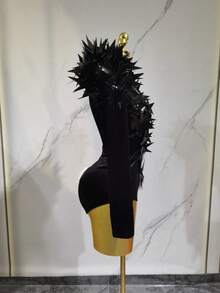 New Shiny Black Rhinestone Velvet Long Sleeve Bodysuit Women Evening Party Club Gala Hosts  Bar Stage Costumes - TRẮNG - Xem 4