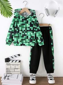 2pcs/Set Boys' Mosaic Plaid Print Long Sleeve Hoodie Sweatshirt + Mosaic Plaid Print Patchwork Solid Color Pants, Autumn/Winter - Green - View 1