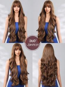 30 Inch Long Wig With Bangs Brown Synthetic Wigs For Women Bobo Wave Heat Resistant Long Wig Daily Party Uesd - 棕色 - 查看 6