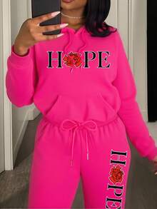 Plus Size Women's Casual Versatile Rose Red Hooded Sweatshirt And Thermal Lined Sweatpants Set, With A Hope Rose Pattern Printed On The Chest. A Two Pieces Set Featuring A Versatile Basic Style Suitable For Autumn And Winter.