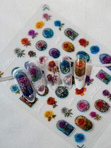 1 Stück Blumen Nail Art Aufkleber, geprägtes Muscheldesign mit Glanz, handbemalte Rosen, mit mehrfarbigen Rosen, Pfingstrosen und europäischen Architektur Fenstermustern, geeignet für persönliches DIY und Nagelstudios Nägel Nagelbedarf Nagelaufkleber - Verschiedenfarbig - Übersicht 4