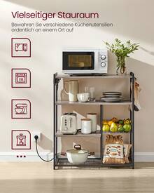 VASAGLE Küchenregal mit Steckdosen, Standregal mit 2 Metallkörben, Bäckerregal mit Haken, Regalablagen, 35 x 80 x 93,5 cm, Industrie-Design, Greige meliert-tintenschwarz - Taupe - Übersicht 2