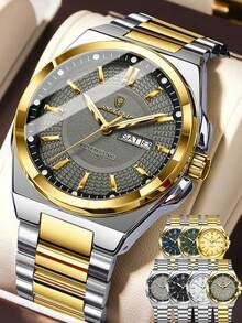 POEDAGAR 1 件男士不锈钢防水夜光石英表，经典休闲日期星期显示男士腕表，时尚男士腕表，适合日常场合，男士礼物 - 均碼 - 查看 13