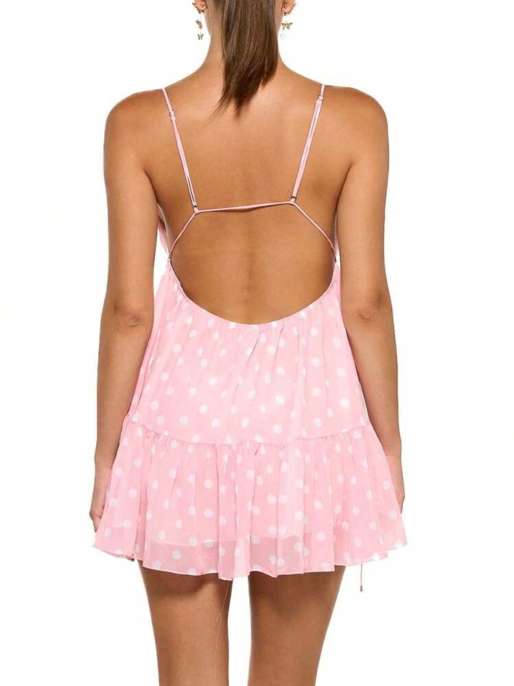 Women's Floral/Dot Print Sleeveless Halter Deep V Tie Mini Dress Ruched Backless Slim Fit Cami Dresses Knot Boho Dress - Hồng - Xem 2