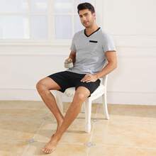 ¡RecomendadoPijama para Hombre Conjunto de Pijama de Algodon Pijama Manga Corta y Pantalones Cortos, Cuello en V Ropa de Dormir Hombre, Pijamas de Dos Piezas, Casual y Cómoda¡Top de Temporada - Negro - Ver 6