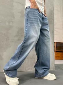 Autumn/Winter Thick Casual Loose Fit Men's Thermal Lined Jeans, Suitable For Everyday Wear - Light Wash - View 6