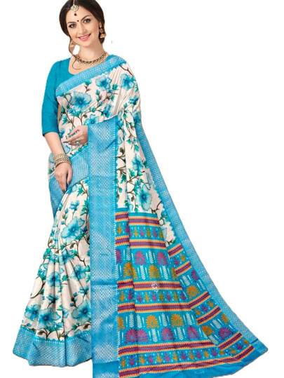 Art Silk Saree With Zari Border, Floral Print, Long Sleeve Stitched Blouse