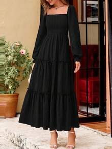 Women Elegant  Maxi Dresses For Fall Boho Long Sleeve Smocked A Line Ruffle  Wedding Guest Holiday Party Long Dress With Pockets New Years Valentine Vacation Spring Dresses For Women Vestidos Elegantes De Mujer - màu đen - Xem 6