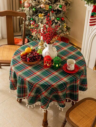 1pc Christmas Green Plaid Tablecloth, Round Table Cover, 47/55inch Diameter, Thick Woven Brushed Fabric, Suitable For Home, Kitchen, Dining Room, Dinner, Gathering, Holiday, Party, Autumn, Christmas, New Year Decoration, Happy New Year