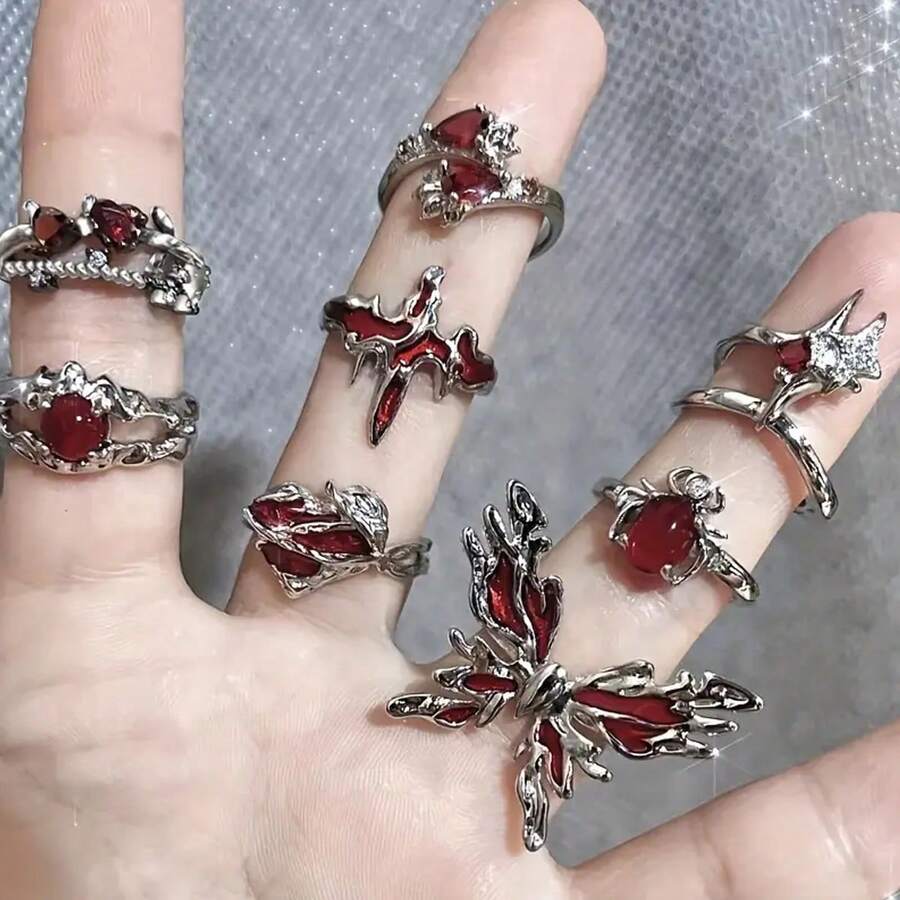 8件套红色仿水晶哥特式戒指套装,Y2K哥特式蜘蛛戒指,创意朋克派对女孩饰品,万圣节配饰 - 紅色 - 查看 1