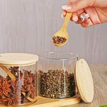 1/2/3 Packs Glass Seasoning Box, Condiment Jar With Wooden Base, Spice Jar, Glass Condiment Container With Spoon, Condiment Jar With Spoon – For Spice, Salt & Sugar Storage,Kitchen Organizer And Grain Storage Container - Clear - View 6