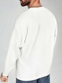 男士V领条纹针织衫，长袖T恤，针织面料，休闲风格，优雅复古风，V领亨利领设计，简约设计，细节之处尽显匠心 - 白色 - 查看 3