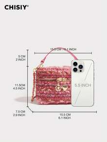 CHISIY Handmade Camouflage Military Green Drawstring Bucket Bag, Chain Shoulder Strap Crossbody Bag, Wild Girl Handbag, Zipper Closure Versatile Shoulder Bag, Suitable For Sexy Goddess, Can Be Used For Shopping, Parties, Gatherings, Campus, Gifts, Etc. - Rose Red - View 6