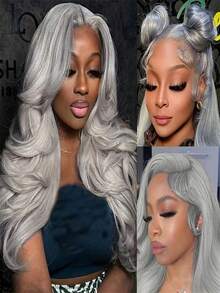 13x4 Grey Lace Front Wigs Human Hair Glueless Wig Pre Plucked With Baby Hair 180 Density Body Wave Lace Front Wigs Human Hair Can Be Permed & Dyed HD Transparent Water Wave Human Hair Wig For Women 34 Inch True To Length - 灰色 - 查看 9