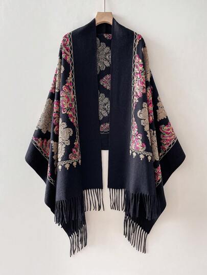 1pc Women's Autumn/Winter Faux Cashmere Embroidered Scarf, Thick Warm Tasseled Embroidered Bohemian Style Travel Shawl Poncho Scarfs