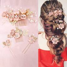 4 Pieces Pink Bridal Flower Wedding Hair Pins Pearl Hair Pins Clips Headpiece Gold Wedding Hair Accessories Jewelry With Brides Bridesmaids Women Girls Updovalentine's Day SEMZ - 粉色 - 查看 1