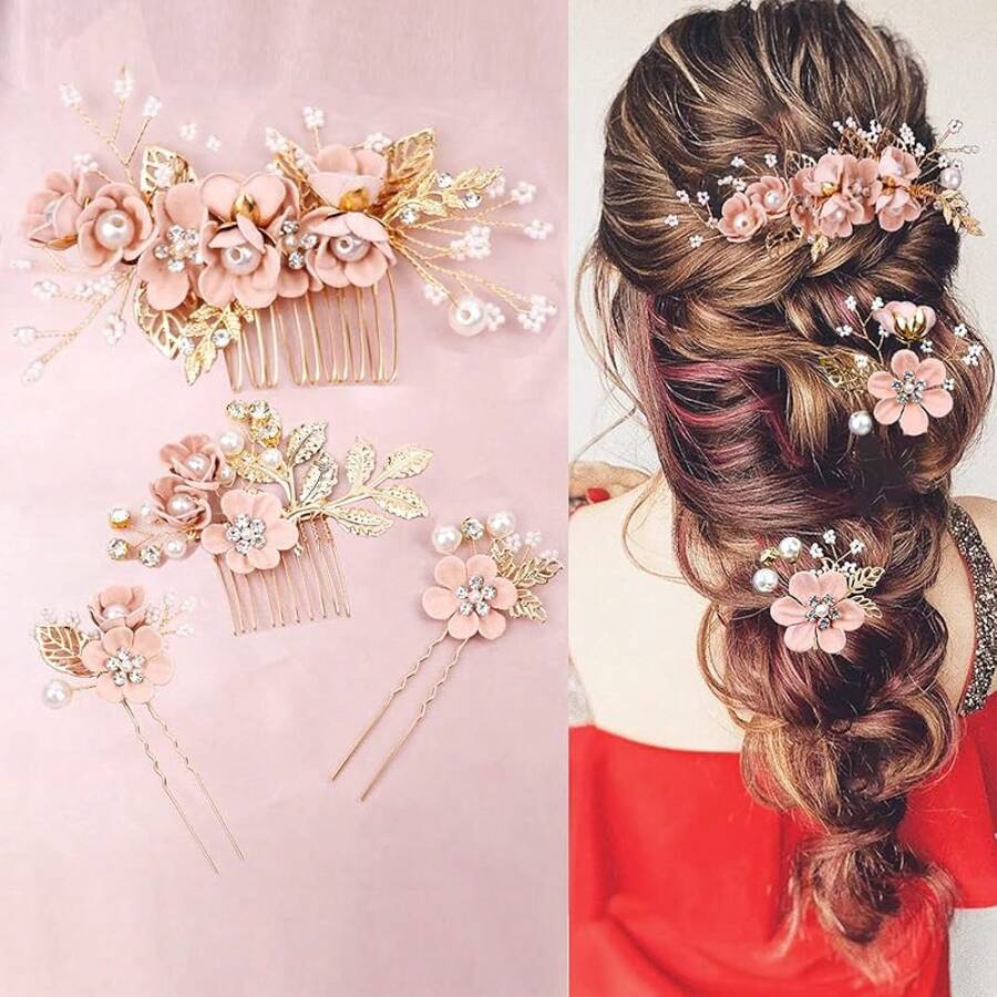 4 Pieces Pink Bridal Flower Wedding Hair Pins Pearl Hair Pins Clips Headpiece Gold Wedding Hair Accessories Jewelry With Brides Bridesmaids Women Girls Updovalentine's Day SEMZ - 粉色 - 查看 1