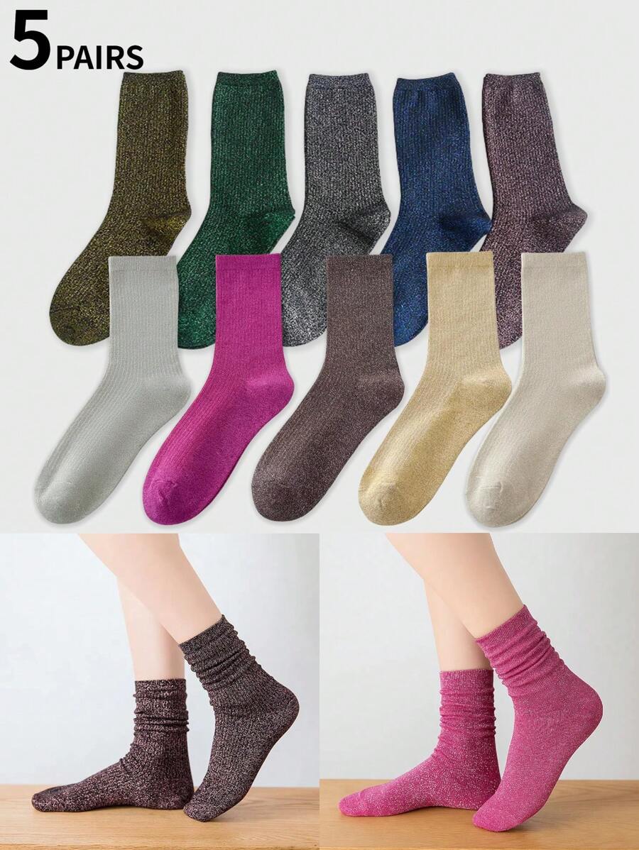 1/3/5 Pairs Women Metallic Thread Mid-Calf Socks, Breathable & Moisture-Wicking, Spring & Autumn