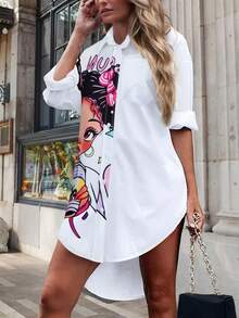 Women's Portrait & Letter Print Long Sleeve Single-Breasted Casual Pocket Shirt