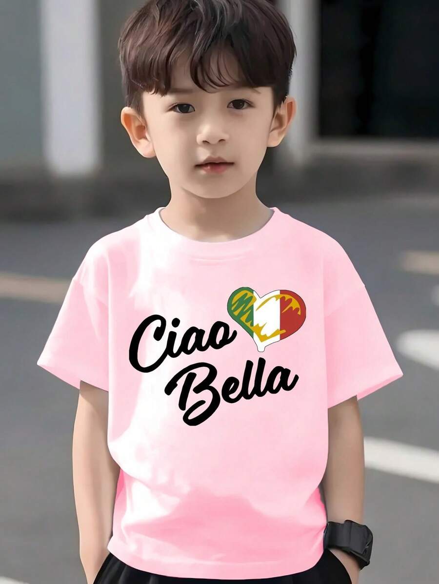 Ciao Bella Boys T-Shirt - Casual Cotton Short-Sleeve Crewneck With Italian Flag Heart Design, Lightweight Summer Top For Youngsters, Everyday Tshirt | Casual Style | Medium Stretch Fabric