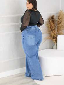 Women's Wide Leg Plus Size Jeans With Belt - Blue - View 6
