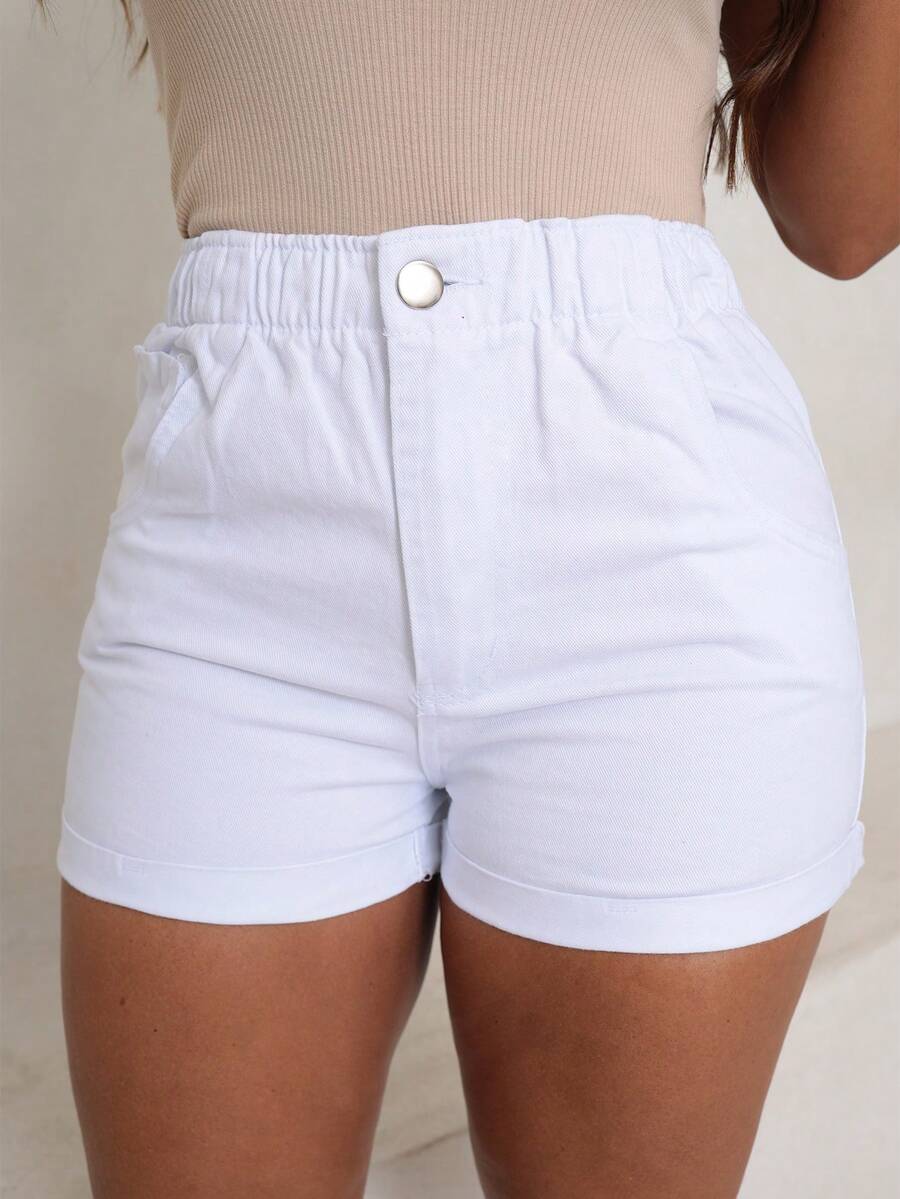 Traditional Denim Shorts With Elastic Waistband - White - View 1