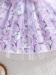 Baby Girls' Elegant Ruffle Trim Long Sleeve Butterfly Embroidered Jacket Paired With Minimalist Butterfly Print Mesh Dress 2pcs Set - Purple - View 8