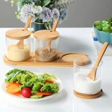 1/2/3 Packs Glass Seasoning Box, Condiment Jar With Wooden Base, Spice Jar, Glass Condiment Container With Spoon, Condiment Jar With Spoon – For Spice, Salt & Sugar Storage,Kitchen Organizer And Grain Storage Container - Clear - View 8