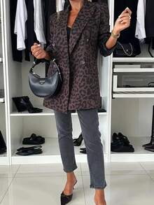 Women Loose Casual Fashionable Leopard Print Blazer Jacket, Leopard All-Over Print, Double-Breasted Buttons, Pockets, Suitable For Daily Office Wear, Autumn/Winter