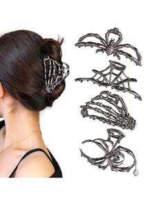 2 件/1 件独特创意万圣节深色金属骷髅发爪夹，街头朋克风格发夹，高端别致发夹发饰，适合秋冬、万圣节、感恩节、圣诞节、新年、情人节礼物秋季发夹适合度假装女士 - 彩色 - 查看 2