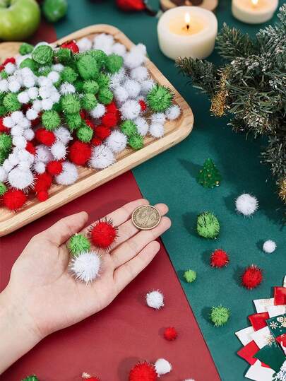 500 Pieces Christmas Glitter PomPoms 0.5 Inch Fuzzy Pompoms - Red, Fruit Green, And White - Arts And Crafts Balls For Hobby Supplies And Craft DIY Material For Christmas Decoration, Gift Decoration, Photo Frame Decoration, And DIY Any Pattern You Like