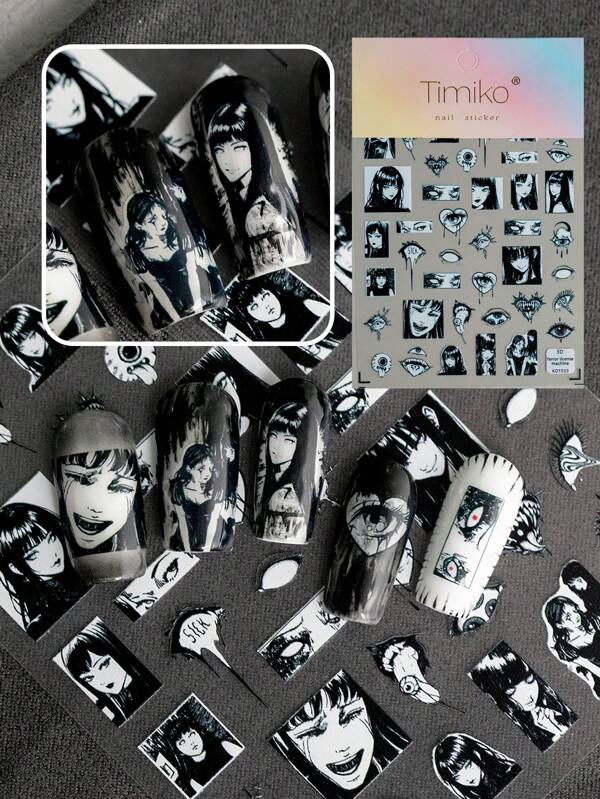 Ein mitternachtsdunkler Rache Nagel Aufkleber mit erhabener handgezeichneter Charaktergestaltung, im dunklen Gothic-Stil, mit japanischem Horror Schwarz-Weiß und anderen Grafiken, geeignet für persönliches DIY und Nagelstudio-Verwendung