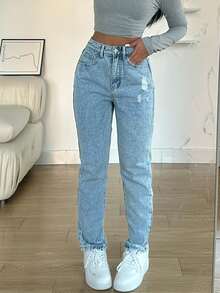 American-Style Simple And Casual Stretch Skinny Women's Jeans; Washed Solid Color Women's Pocket Jeans; Suitable For Daily Commuting, Shopping, And Parties. - 淺色水洗藍 - 查看 4