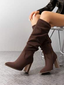Botas altas para mujer de puntera puntiaguda, tacón grueso y bloque, de ante, con cremallera lateral, cómodas y de moda, estilo holgado, para otoño/invierno - Marrón Chocolate - Ver 1