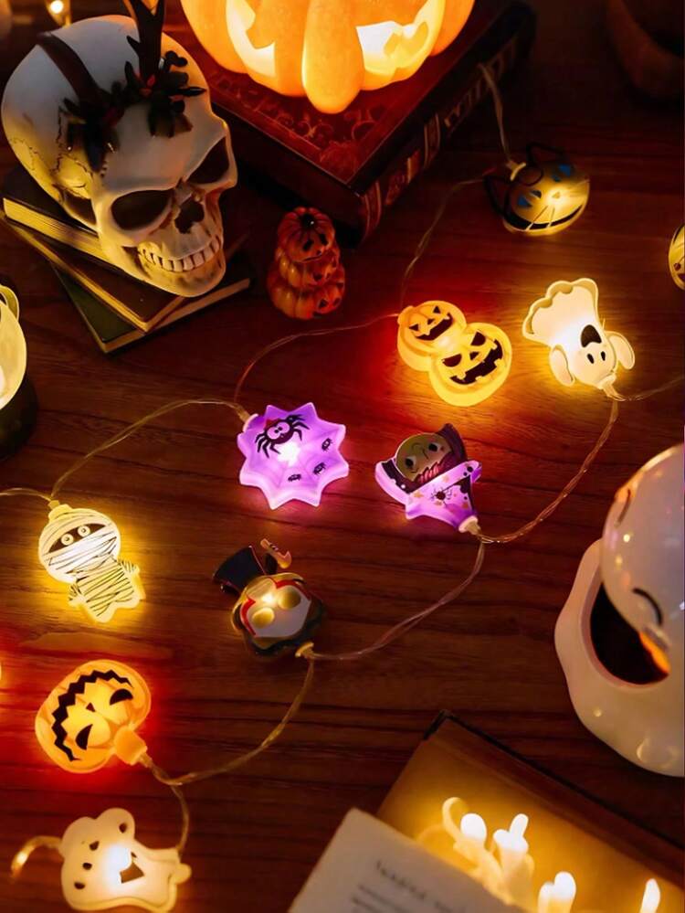 1 件万圣节女巫、木乃伊、南瓜、鬼魂形状混合装饰灯串，电池供电（不含电池），适用于室内外万圣节派对装饰、节日灯饰、主题灯串、家居装饰 - 彩色 - 查看 4