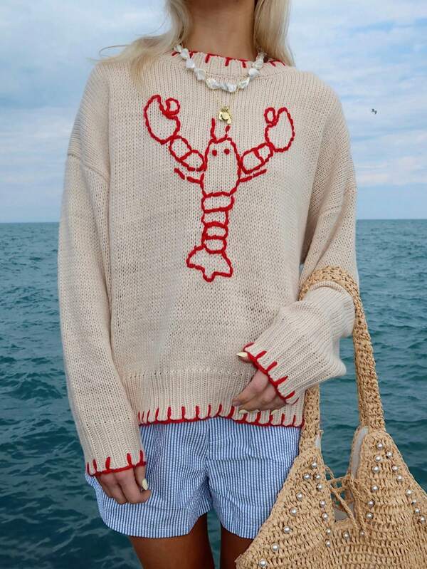 Senya Women's Retro Lobster Pattern Crew Neck Long Sleeve Sweater Top, Comfortable Casual Versatile, Daily Life, Dating, Home, Office, Party, Birthday Party, Shopping, Halloween, Christmas, Thanksgiving, Holiday / Autumn Women's / Y2K Tops / Street Style / Punk Style, Autumn And Winter Knitted Pullovers