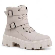 Rock Life Blogger Combat Boot With Two Buckles And Tractor Sole Myrol Outlet - Màu be - Xem 6