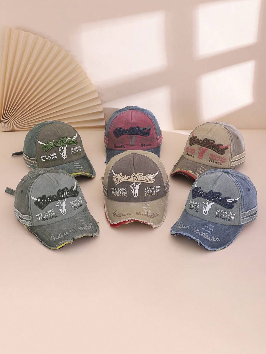1pc Men's Color Block Embroidered Letter Distressed Washed Vintage Motorcycle Cap, Sun-Shading Fashion Baseball Hat, Streetwear Casual