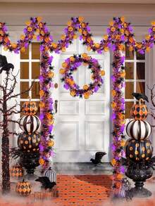 200cm Halloween Tinsel Garland With Orange Pumpkins, Black Spiders & Purple Bats - Shiny Metallic Twist Garland For Indoor/Outdoor Party Decorations, Home & Tree Decoration, Halloween Decorations