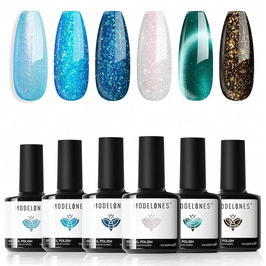 Cat Eye Gel Nail Polish Set, 6 Colors 9D Glassy Cat Eye Glitter Gel Polish Black Red Purple Blue Silver Brown Nail Polish All Seasons With Magnet Soak Off Led DIY Salon Gift-842643 - A-2 海洋極光 - 查看 1