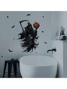 Halloween Reaper Vinyl Wall Decal With Sickle Bats Pumpkin Design, Matte Finish, Detachable, Self-Adhesive, Easy Peel And Stick, Removable, Suitable For For Bedroom, Bathroom, Study Room, Kitchen Art, Fantasy Theme, Halloween Decorations