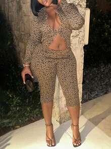 豹纹长袖上衣和紧身裤套装 - 棕色 - 查看 8