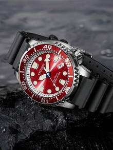 CITIZEN ساعة غوص Ec o-Drive Promaster للرجال بمينا أخضر وعقارب وعلامات مضيئة وإطار دوار - الأحمر - مشاهدة 3