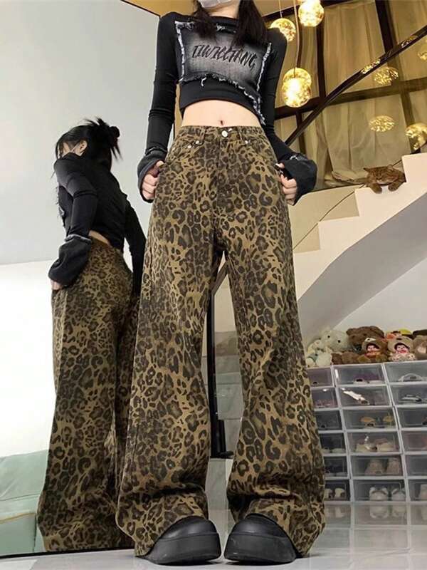 Vaqueros con estampado de leopardo para mujer, vaqueros holgados de cintura alta que combinan con todo, pantalones rectos y anchos