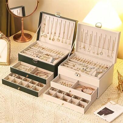 1 pièce Boîte de rangement à bijoux élégante  à 3 couches avec serrure, grande capacité de rangement pour colliers, boucles d'oreilles et bagues, tiroirs doublés de tissu doux, cadeau idéal pour les femmes et les filles - disponible en blanc et vert foncé