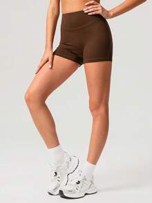 Sodalemon Quần short nữ không đường may, nhẹ, nâng mông, màu trơn, thích hợp cho yoga, chạy bộ và thể thao, size châu Âu. - Cà phê nâu - Xem 6