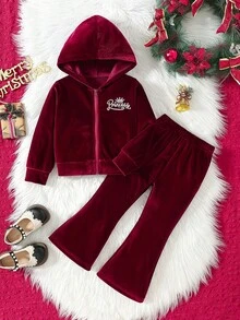 Set da 2 pezzi per ragazze con giacca con cappuccio con chiusura lampo e fogli a forma di cuore vellutati + pantaloni a zampa di microfibra, set di moda per feste, casual, primavera/estate