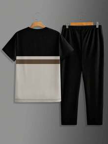 2 件男士运动服，透气舒适，优质面料超柔软渐变休闲圆领短袖上衣和慢跑裤套装，流行服装 - 黑色 - 查看 3